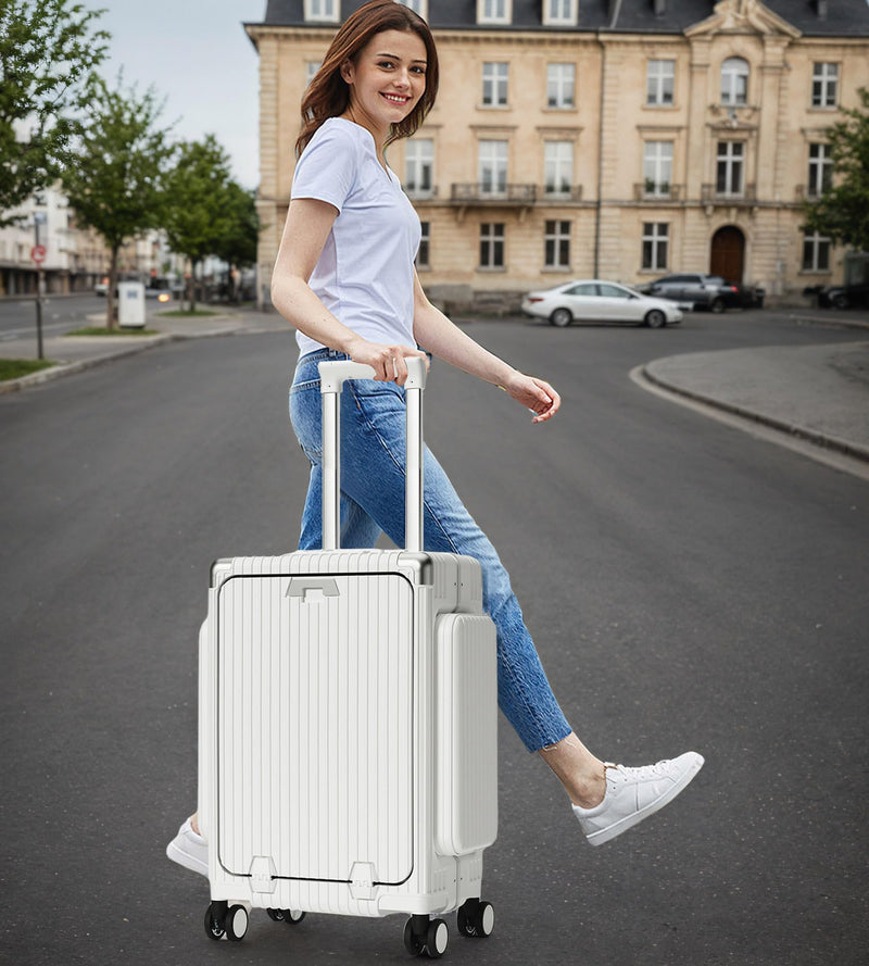 feilario 20in Aluminum Frame PC Carry On Luggage Tri-Zone Access Hard Shell Brake Wheels Suitcase with Cup Holder, Phone Holder, TSA Approved Lock (Green, 20")