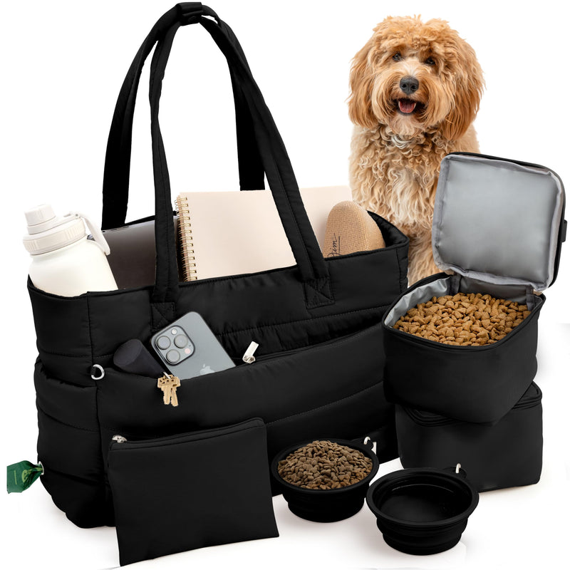 rubyloo Puffer Dog Travel Bag for Dog Moms – Doggy Diaper Bag with Pet Bowls & Food Storage or Everyday Puffy Tote – Doggy Mom Gifts for Women – Lightweight, Travel-Ready Gift for Pet Lovers - Black