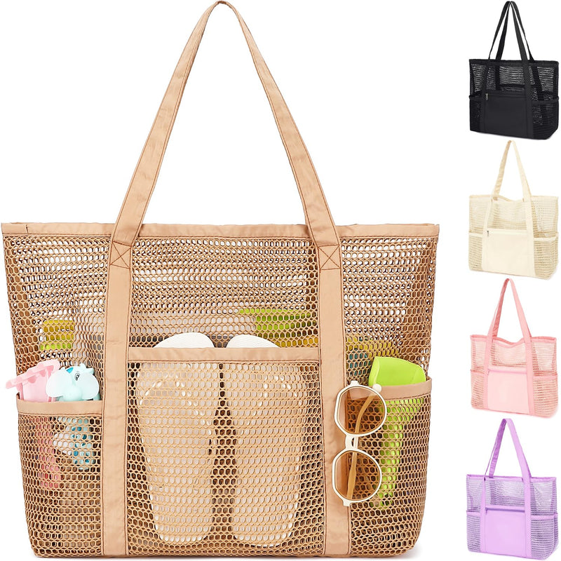 Fammart Mesh Beach Bag for Women, Casual Hobo Bags Large Beach Tote for Pool Travel Cruise Vacation Essentials, Sandproof Bottom - Khaki