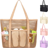 Fammart Mesh Beach Bag for Women, Casual Hobo Bags Large Beach Tote for Pool Travel Cruise Vacation Essentials, Sandproof Bottom - Khaki