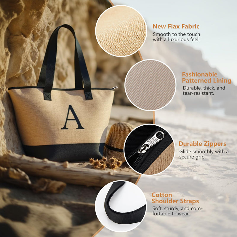 KALIDI Woven Tote Bag for Women, Lightweigh Monogram Beach Bag with Zipper & Sand-Proof Canvas Base, Personalized Gift