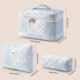 HBselect Quilted Makeup Bag, 3PCS Cotton Large Travel Makeup Bag, Cute Floral Coquette Make up Bag Cosmetic Bag Toiletry Bag for Women Girls