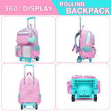 Meetbelify Pink Backpack with Wheels for Kids - Cute Carry On with Lunch Box & Pencil Case for Elementary Students - Travel Suitcase for Girls 8-10