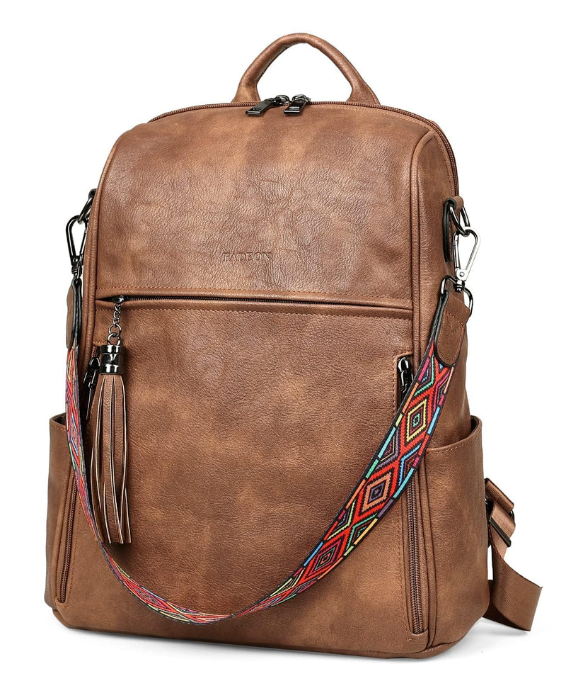 FADEON Leather Backpack Purse for Women Designer Travel Backpack Purses PU Fashion Ladies Shoulder Bag with Tassel Brown