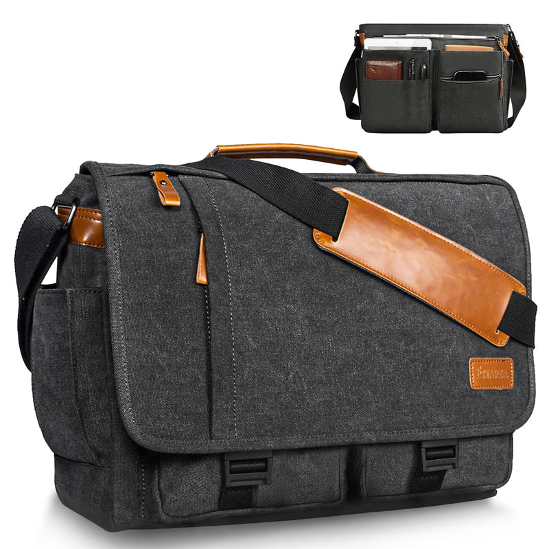 ESTARER Messenger Bag 17.3 Inch, Mens Computer Bag for Teacher/College/Work/Travel, Water-resistant Canvas Laptop Bag Satchel Briefcase, Dark Grey