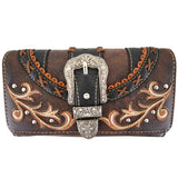 Western Style Tooled Buckle Studded Floral Women Country Backpack Bags Rucksack Daypack Biker Purse Matching Wallet Set (Coffee Set)