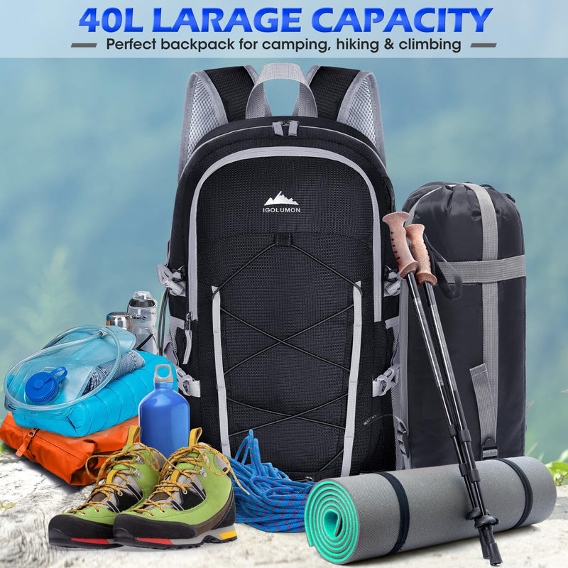 IGOLUMON Hiking Backpack 40L Packable Camping Backpack for Men Women Waterproof Lightweight Hiking Daypack Foldable Travel Daypack for Climbing Trekking Camping,Black