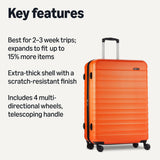 Amazon Basics 30" Hardside Large Checked Luggage, Expandable For Up to 15% More Space, Hardshell Suitcase With Wheels, Scratch-Resistant Surface, Four Multi-directional Wheels, Orange