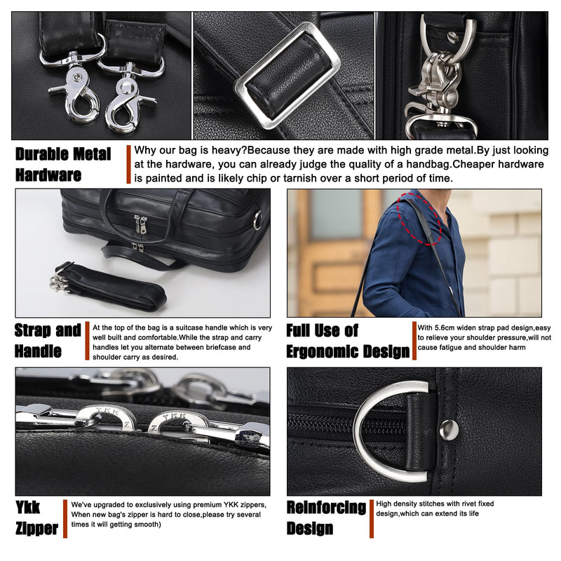 Masa Kawa Black Leather Briefcase for Men 17 Inch Laptop Computer Case Business Travel Work Messenger Cross Body Shoulder Bag