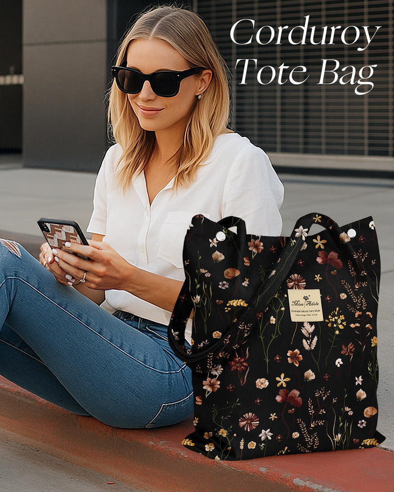 Miss Adola Corduroy Tote Bag for Women - Reusable Totes with Magnetic Buckle & Pocket Stylish Aesthetic Design Work Bags for Shopping Travel Grocery Bags, Black Grow Flower