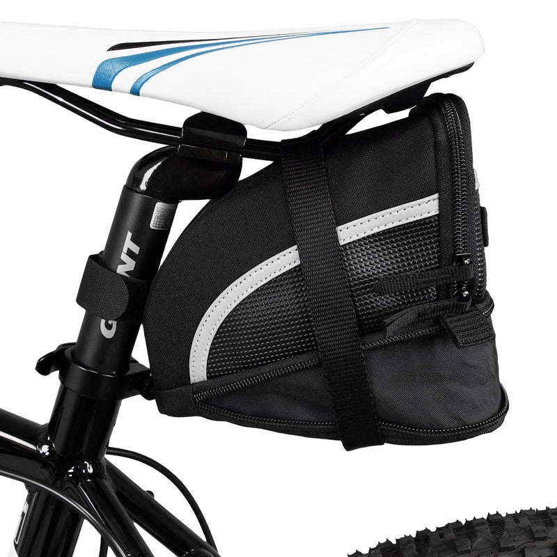 BV Strap-On Bike Bag with Reflective Material - Saddle Bag with Seperate Divider for Small Items for All Your Essentials - Bike Pouch with Taillight Hanger for Maximum Safety (Cycling Bag, Large)