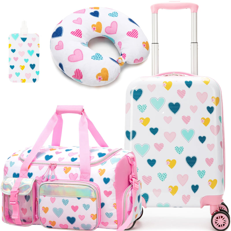 Esteemly Kid's Luggage Set 3 Piece Suitcase Set 16" Hardside Luggage with Spinner Wheels Girls Carry on Toddler Travel Rolling Suitcase with Duffle Bag Neck Pillow Airline Approved