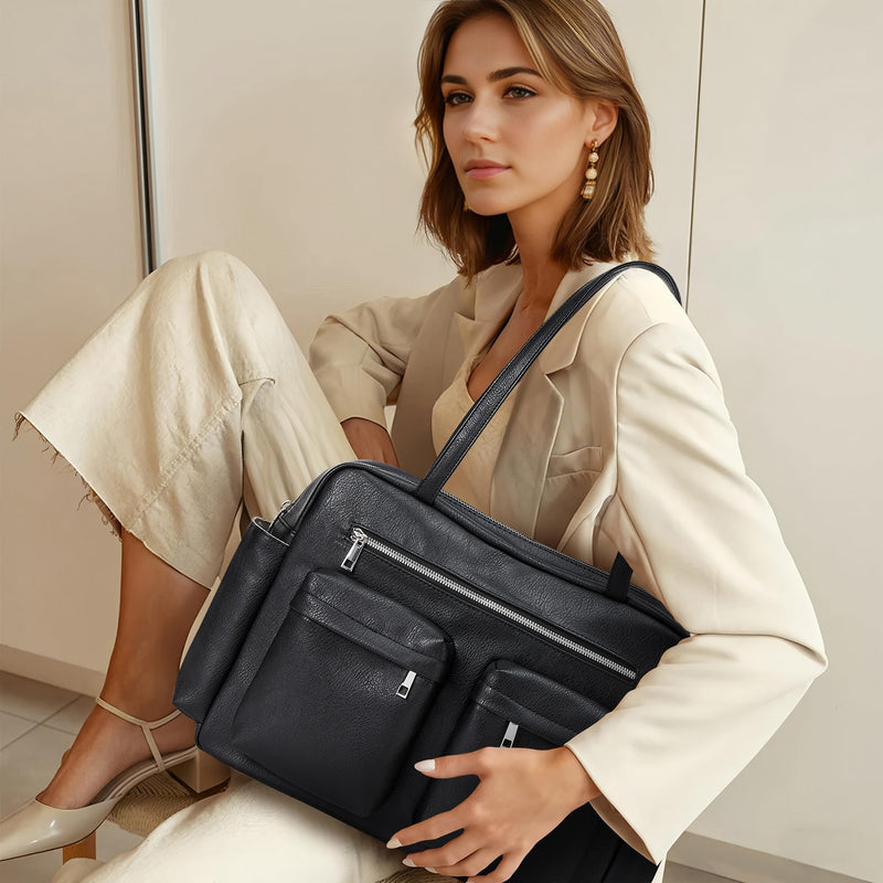 KALIDI Tote Bag Vegan Leather Women Pocket Utility Bag Faux Leather Shoulder Travel Purse Vintage Handbag for Work Dating College, Black