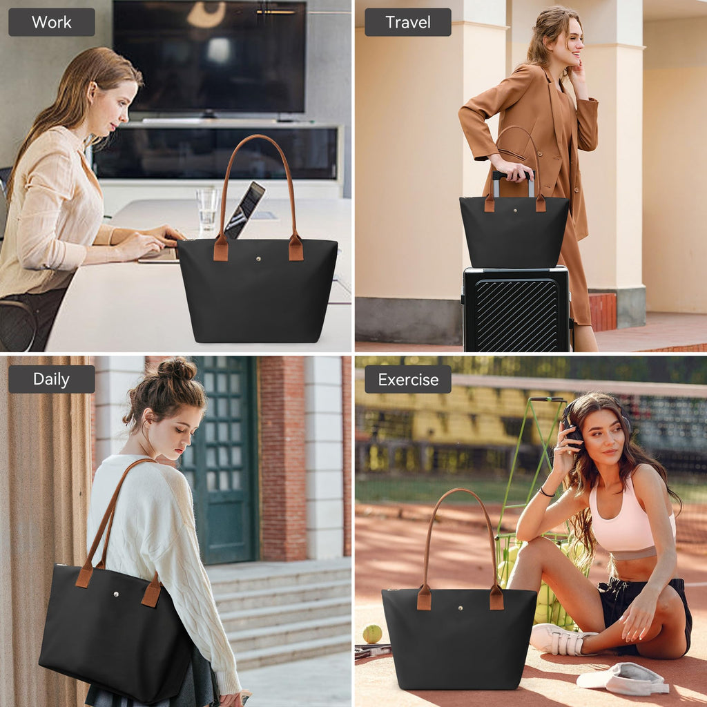 KALIDI Tote Bag for Women Nylon Top-Handle Purse,Large Capacity Shoulder bag,Spacious Hobo handBag with Zipper Leisure Foldable Weekend Black