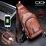 BULLCAPTAIN Genuine Leather Sling Bag with USB Charging Port Multi-pocket Chest Bag for Men Hiking Travel Daypack XB-129(Brown)