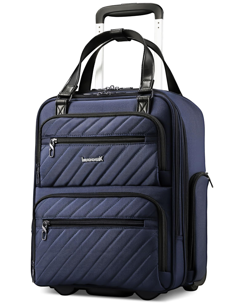 LUGGEX Underseat Carry On Luggage with Wheels, UDK Stylish Lightweight Under Seat Luggage, Soft Sided Personal Item Suitcase for Short Trip (UX-Core, Blue Black, 16 Inch)