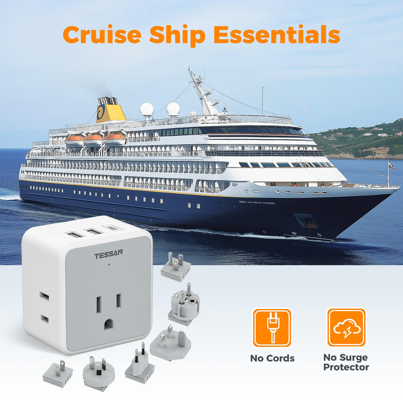 TESSAN Universal Travel Adapter Kit, 6-in-1 International Power Adapter with 3 USB (1 USB C) and 3 AC Outlets, Wordwide Adaptor Supports Type C, G, E/F, I, A, B for US EU UK Australia Japan, Grey