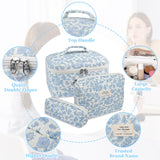 Gosect Makeup Bag, Large Quilted Cosmetic Bag, Big Floral Make Up Bag for Women Girls, Cute Cotton Makeup Bag Set, Flower Travel Toiletry Organizer Bag (Blue Flower)