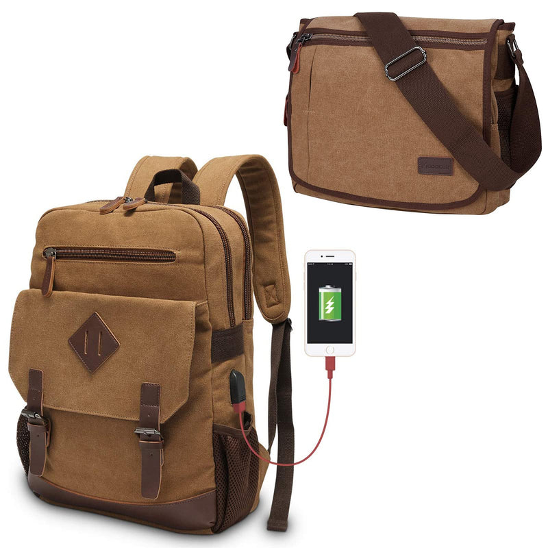 Canvas Backpack for Men Women, Vintage Rucksack Fits Most 15.6 Inch Laptop, Bookbag with USB Charging Port