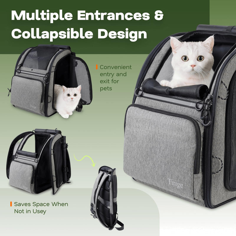 Tirige Premium Dog & Cat Carrier Backpack for Travel, Hiking & Vet Visits - Solid Durable Pet Backpack with Breathable Mesh, Safety Strap, Anti-Anxiety Curtain & Storage Pockets, Gray