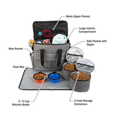 Dog Travel Bag - Cat and Dog Storage Organizer with Pockets, Mat, 2 Food Containers, and 2 Large Collapsible Travel Dog Bowls by PETMAKER (Gray)