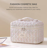 HBselect Large Quilted Makeup Bag, Cute Cotton Travel Cosmetic Bag with Handle, Gifts for Bridesmaids, Portable Coquette Floral Make up Bags, Toiletry Organizer Cosmetic Bags for Women