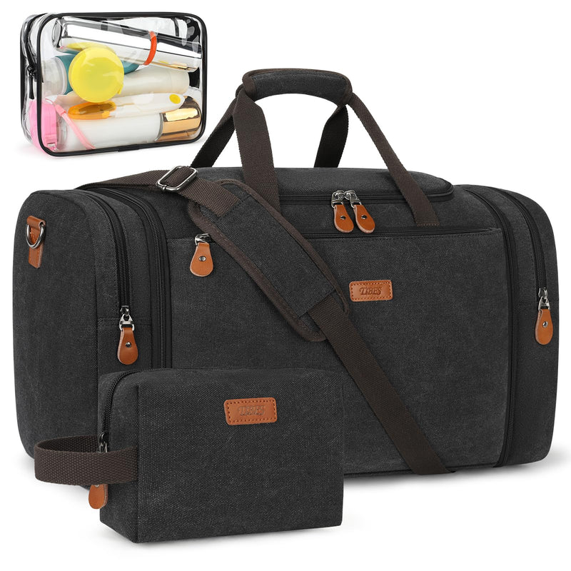 Canvas Mens Duffle Bag for Travel - Expandable 50L Weekender Bags with Toiletry Bag, Overnight Bag Travel Duffel Carry On Luggage with Removable Shoulder Strap, Durable & Water-Resistant