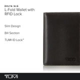 TUMI - Delta L-Fold Wallet with RFID Lock - Slim Bifold Leather Wallet - ID Window & Card Slots - Premium Gift Box - 4" x 3" - Black