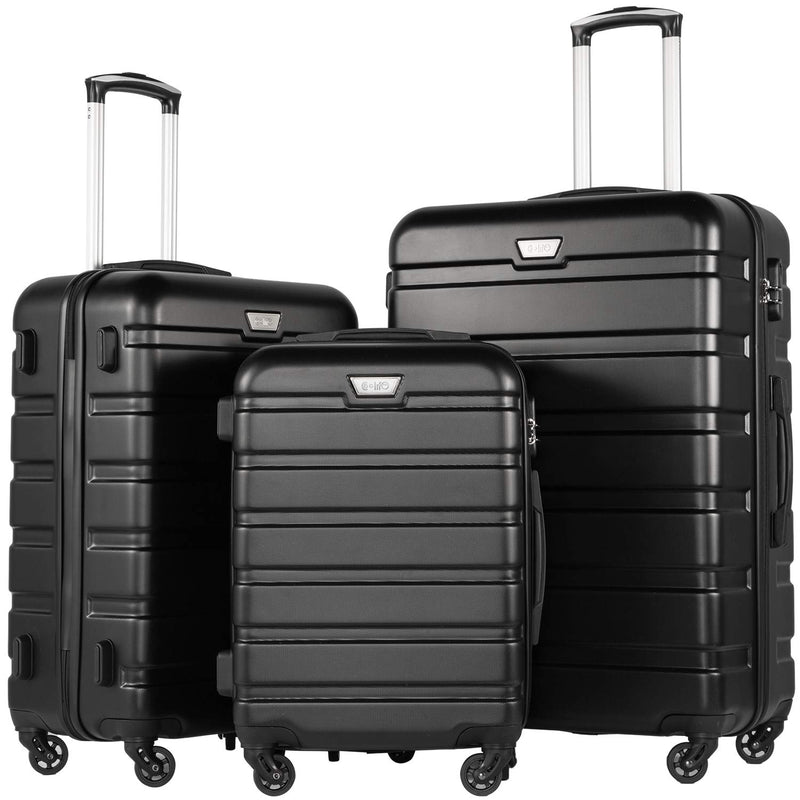 Coolife Luggage 3 Piece Set Suitcase Spinner Hardshell Lightweight TSA Lock (black, 20/24/28)