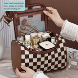 FEEZUSH Makeup Bag, Travel Portable Checkered Pattern Cosmetics Skincare Storage Bag (Brown)