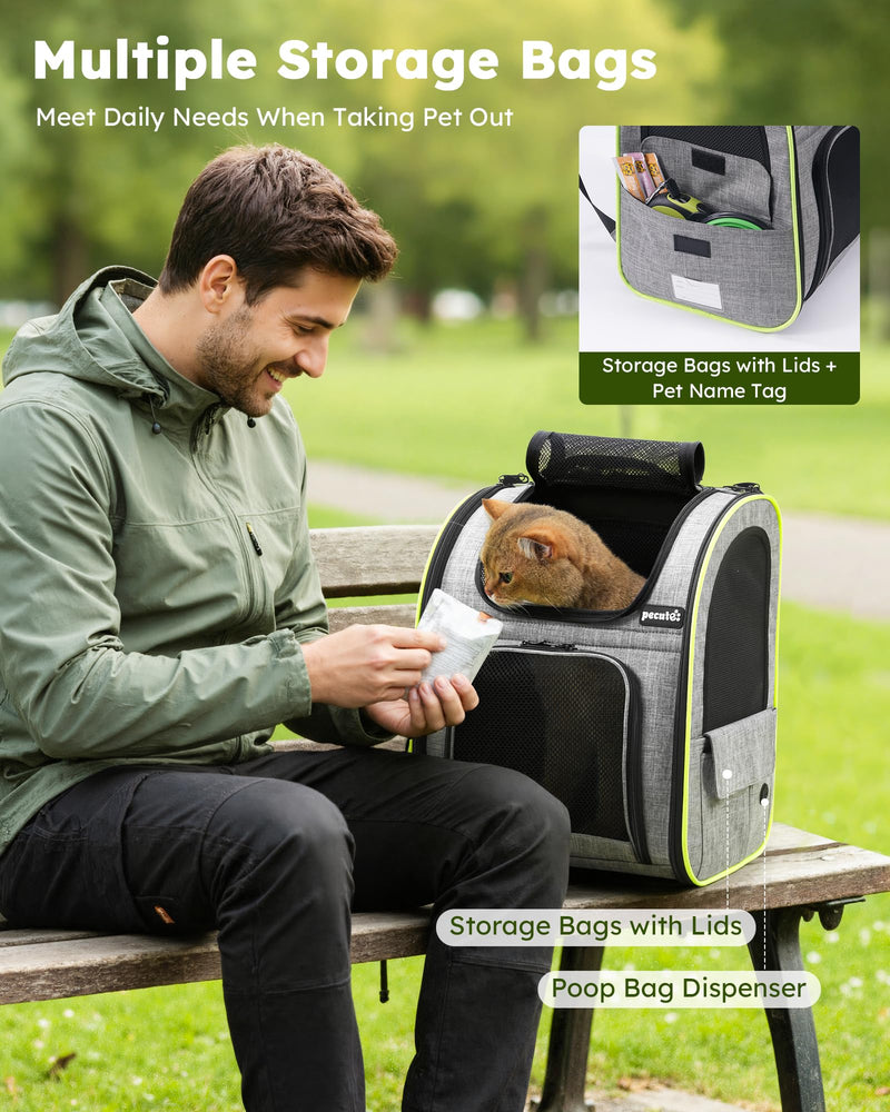 Pecute Cat Backpack Carrier Expandable , Foldable Pet Backpack for Cats & Small Dogs Up to 11lbs, with 4-Side Breathable Mesh, Multi-Entry & Lockable Zippers for Travel, Hiking, Camping - Hands Free,