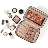 NISHEL Large Double Layer Travel Makeup Bag Women, Cosmetic Case, Organizer for Travel-Size Accessories Bottles, Brushes, Conditioner, and Skin Care Products, Black