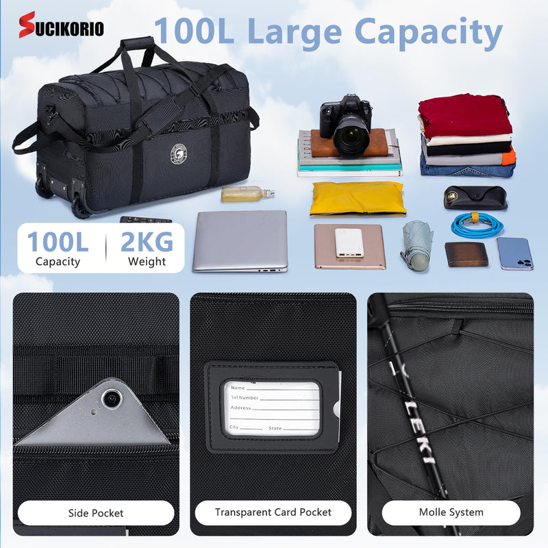 SUCIKORIO Foldable Travel Duffle Bag with Wheels and Handle Large 100L XL Rolling Travelling Duffel Bags Waterproof Oxford Carry On Hand Luggage Deployment Bag With Storage Bag & Combination Padlock