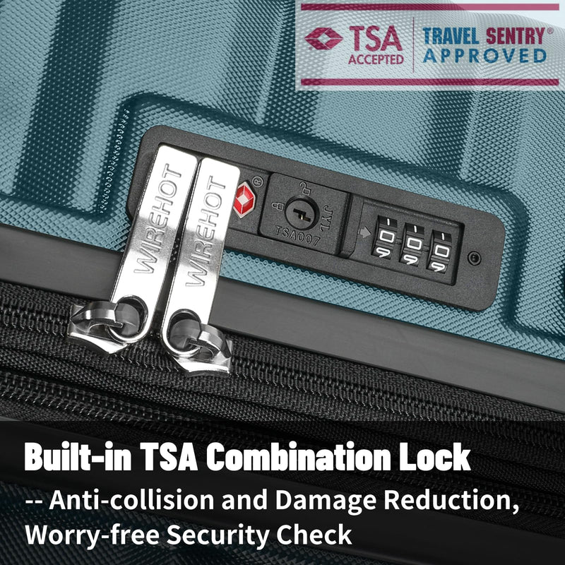 WireHot Lightweight Luggage with Spinner Wheels & YKK Zipper, 3-Piece Suitcase ABS+PC Hardside Hard Shell Luggage Set with TSA Lock, Teal Blue (20+24+28 inch)