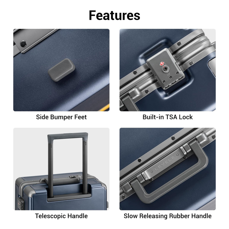 LEVEL8 Zipperless Checked Luggage with Aluminum Frame, Upgraded Medium Hardside Suitcase with Spinner Wheels, Metal Travel Luggage with Double Tsa Locks, 24 Inch, Blue