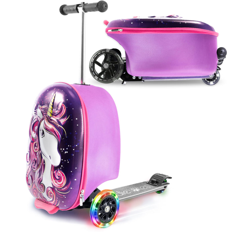 KIDDIETOTES Ride-On Scooter Suitcase for Kids – Hardside Lightweight Carry-On Luggage with Foldable Scooter, LED Wheels, Travel Fun for Toddlers & Children
