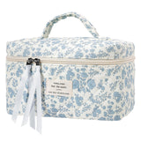 senbowe Large Quilted Makeup Bag, Cotton Floral Cosmetic Bag for Women, Cute Coquette Aesthetic Makeup Bag Toiletry Bag, Travel Make Up Organizer Bag with Zipper and Ribbon