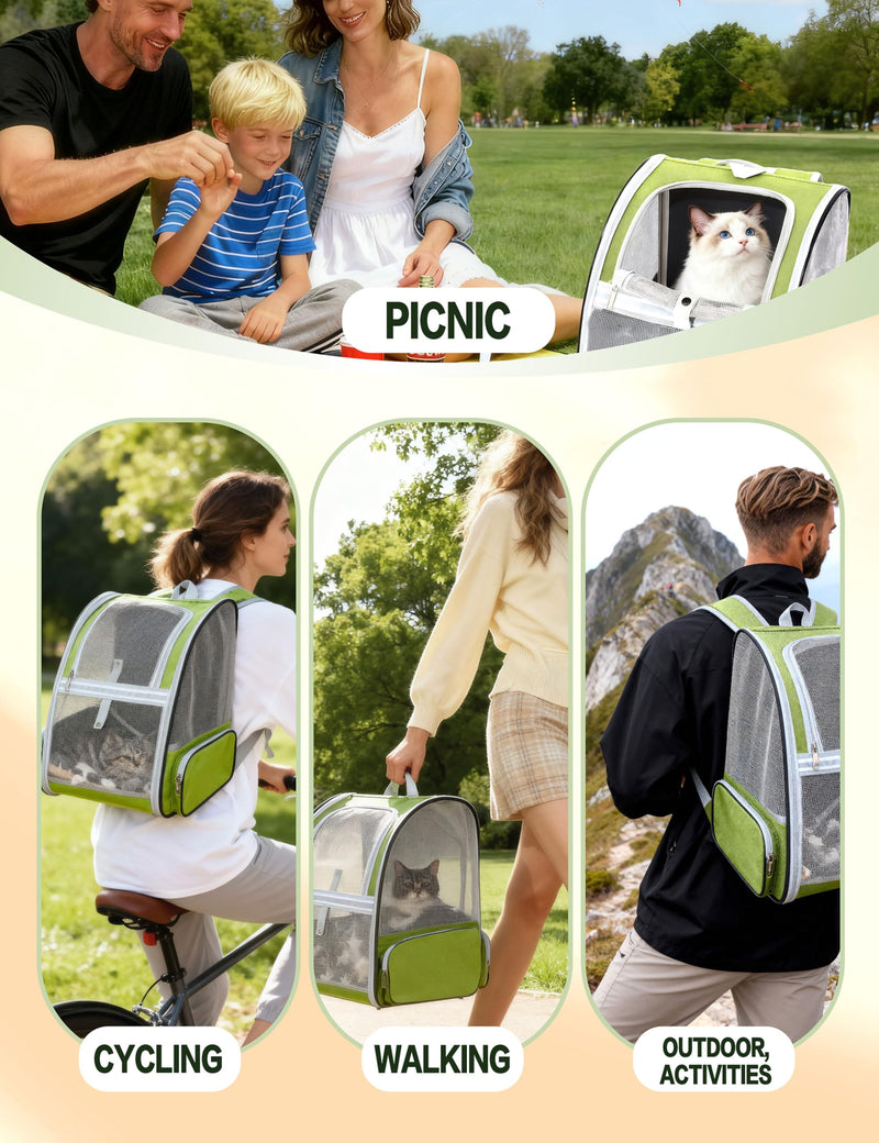 Green Cat Backpack Carrier with Washable Crate Bed Mat Breathable Cat Carrier Large Space for Medium Small Dog Puppy Kitty Bunny Ventilated Mesh Pet Backpack for Cats Travel Hiking Walking Outdoor Use