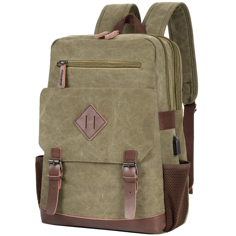 Modoker Eco-Friendly Vintage Backpack for Men Women, Canvas Bookpack Fits Most 15.6 Inches Computer and Tablets, Rucksack Backpack with USB Charging Port, Army Green