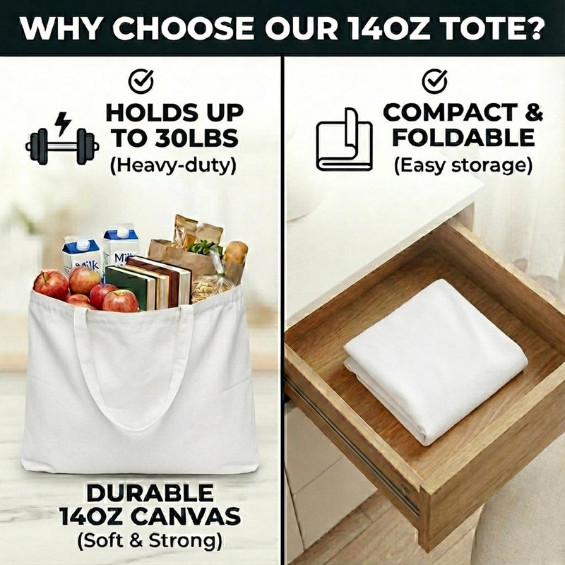 BasicList Extra Large Canvas Tote Bag - Big Reusable Grocery Shopping Heavy Duty Foldable, White