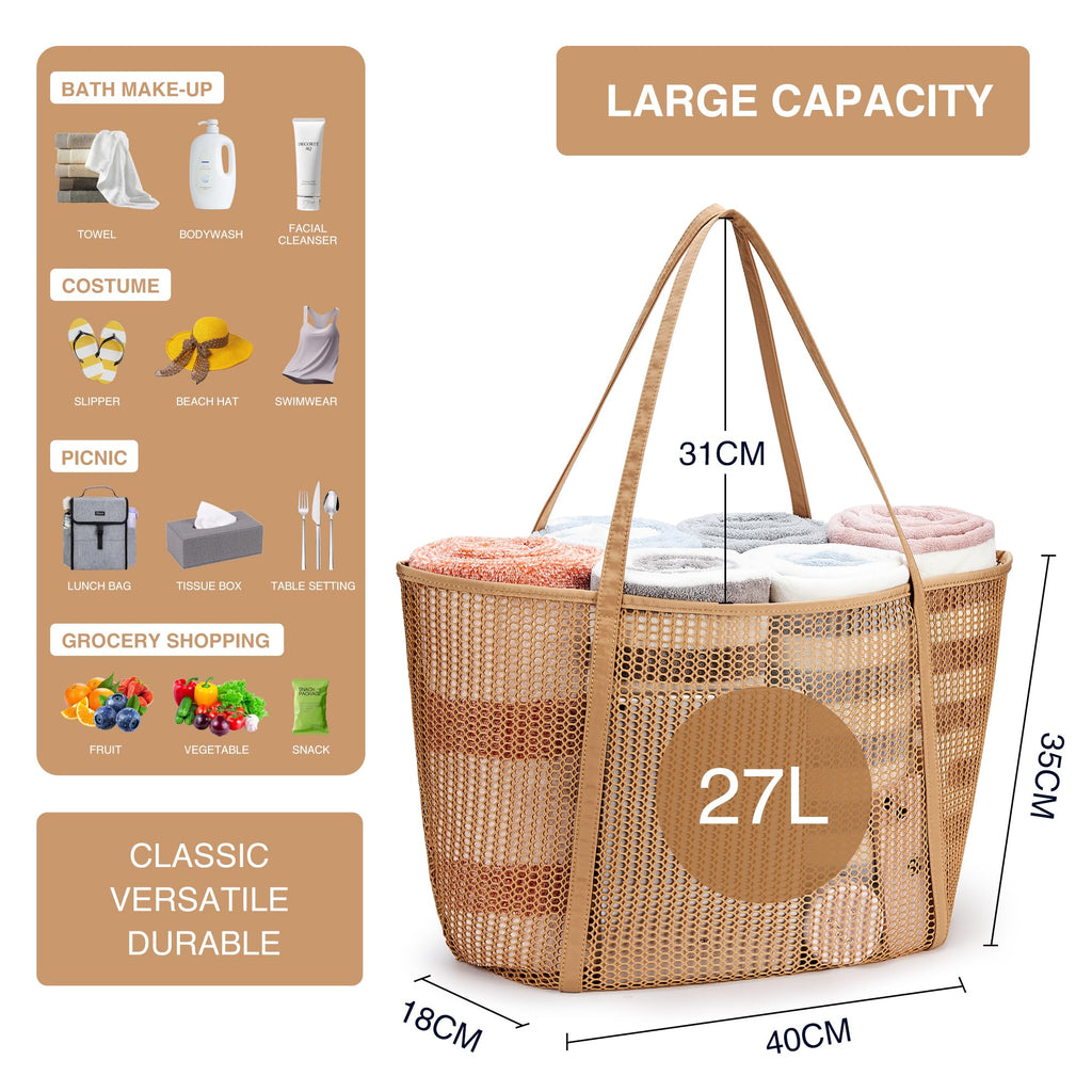 KALIDI Upgrade Version Beach Mesh Tote Bag MAX 27L Large capacity,Shoulder Bag Nylon Hobo Women Casual Foldable FOR Beach Picnic Grocery Bag Khaki