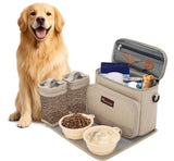 Modoker Dog Travel Bag Organizer for Supplies with 2 Food Containers, 2 Collapsible Bowls & Feeding Mat, Airline Approved Dog Travel Accessories Duffel Bag for Weekend Trips, Camping & Beach, Beige