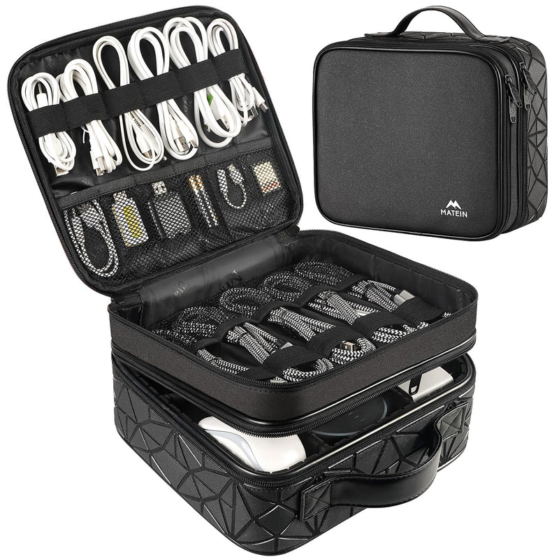 MATEIN Cable Organizer Bag, Waterproof Travel Electronic Storage, Shockproof Portable Double Layer Tech Bags Carrying Case for Cord, Earbuds, Charger, SD Card, DJ Gifts, Black