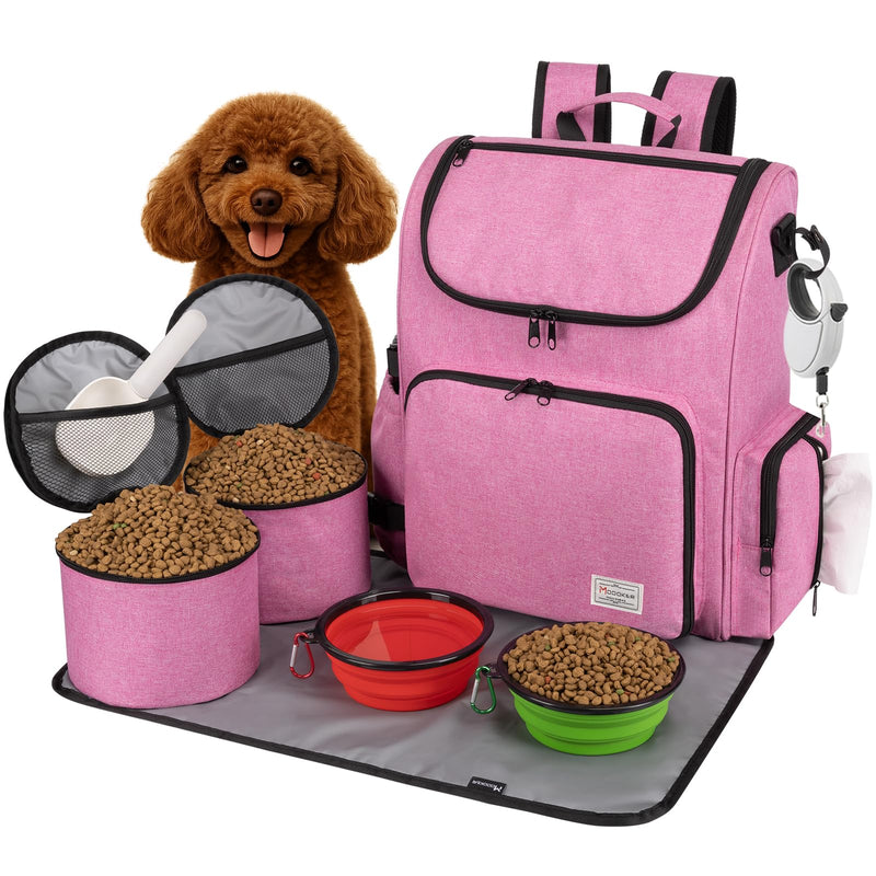 Modoker Dog Travel Bag Backpack, Airline Approved Pet Accessories Organizer for Dog and Cat with Shoulder Strap, 2 Dog Food Storage Containers, 2 Collapsible Dog Bowls,1 Pet Mat, Pink