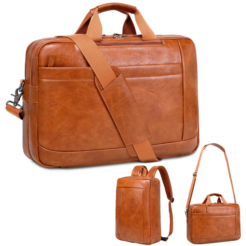 Faux Leather Messenger Bag for Men | 17-17.3 Inch Leather Mens Laptop Bag Leather Briefcasen Convertible Backpack 3 in 1 Computer Handbags Work Bag Shoulder Crossbody Bag Office | Vintage Brown