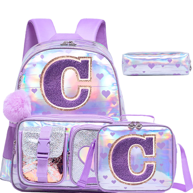 Meetbelify Backpack for Girls Backpacks with Lunch Box Pencil Case for Elementary Student Kids School Travel Bag for Girls Ages 6-8 Years Old Purple C