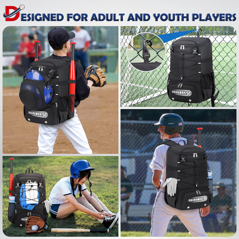 Baseball Bag for Youth & Adult Lightweight Softball Bat Bag with Shoe Compartment, External Helmet Holder and Fence Hook Waterproof Baseball Backpack Hold T-Ball, Bat and Softball Equipment, Black