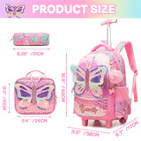 Meetbelify Rolling Backpack for Girls Backpacks with Wheels for Elementary Preschool Students 3 in 1 Carry on Travel Luggage Kids Suitcase with Lunch Box Pencil Case for Girls Age 8-10