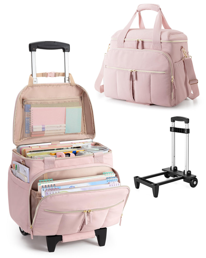 Marscamd Rolling Teacher Bag with Accordion File Organizer & 15.6" Laptop Compartment, Wheeled Work Briefcase Tote with Detachable Trolley & Crossbody Strap for Women, Pink