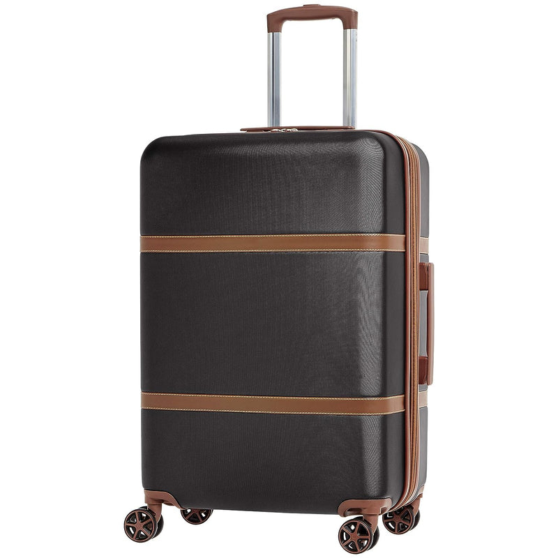 Amazon Basics 26-inch Hardside Checked Luggage With Leather Detailing, Expandable Spinner Suitcase With 8 Multi-directional Wheels, Scratch-Resistant Surface, Black